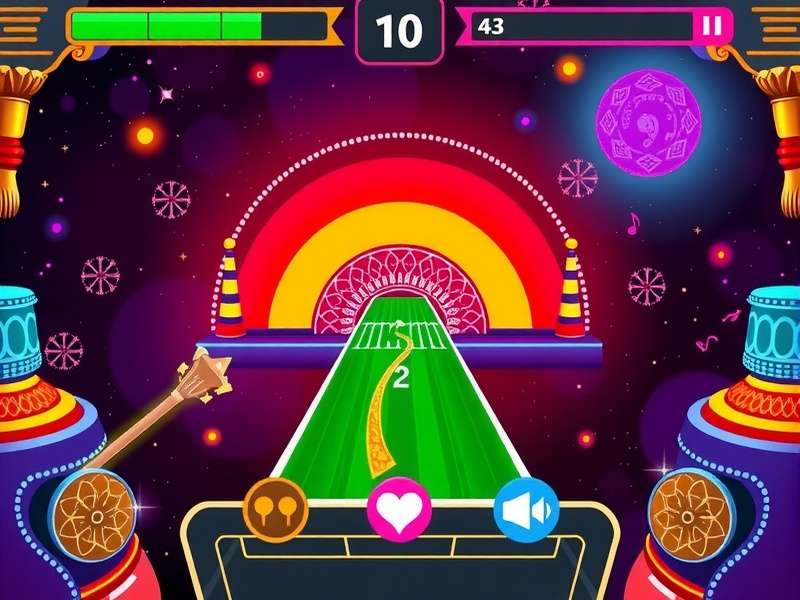 Indian Groove Galaxy gameplay screenshot showing colorful rhythm tracks